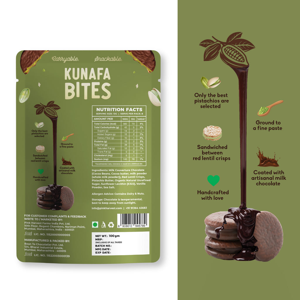 Green packaging of Kunafa Bites with illustrations and text on a white background