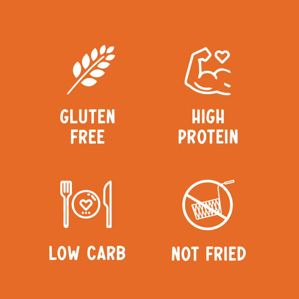 Set of dietary icons on an orange background with labels for gluten-free, high protein, low carb, and not fried.