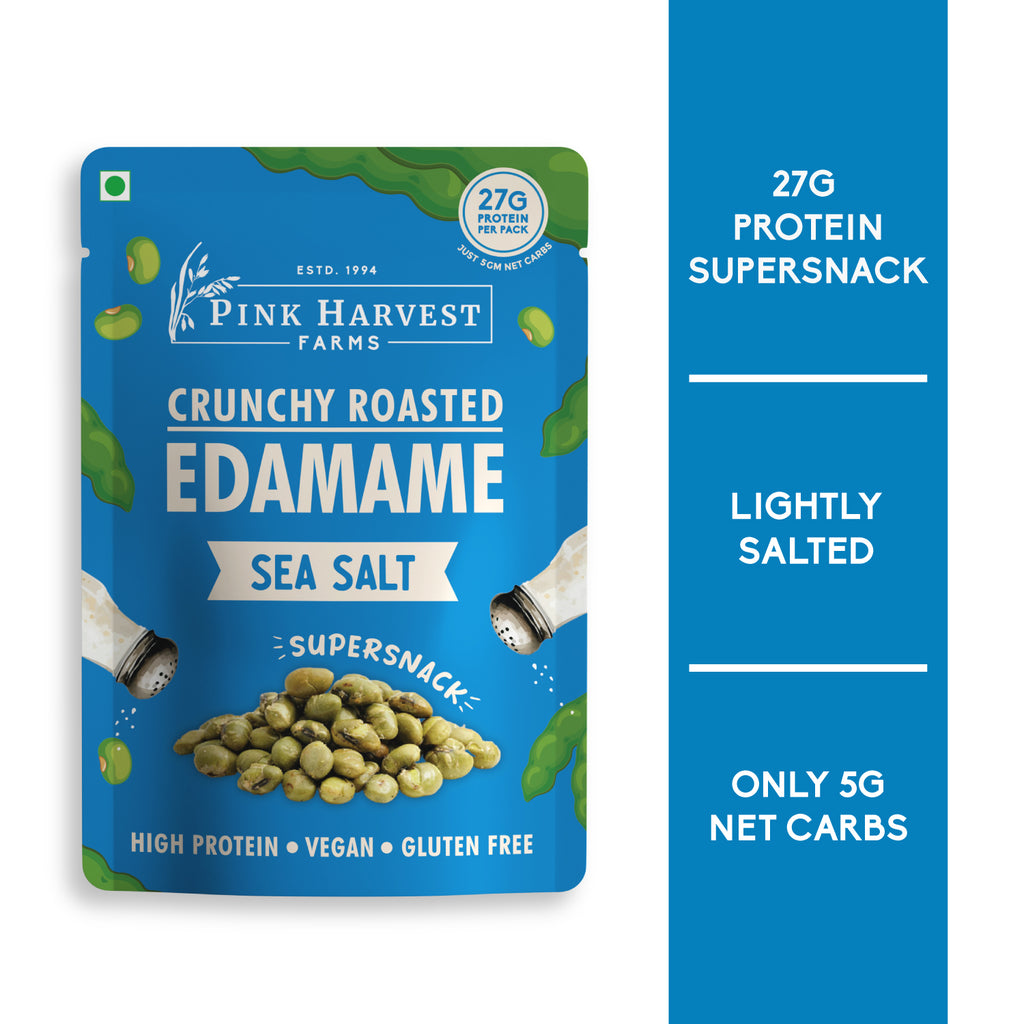 Pink Harvest Farms Crunchy Roasted Edamame Sea Salt packaging with nutritional information on a blue background