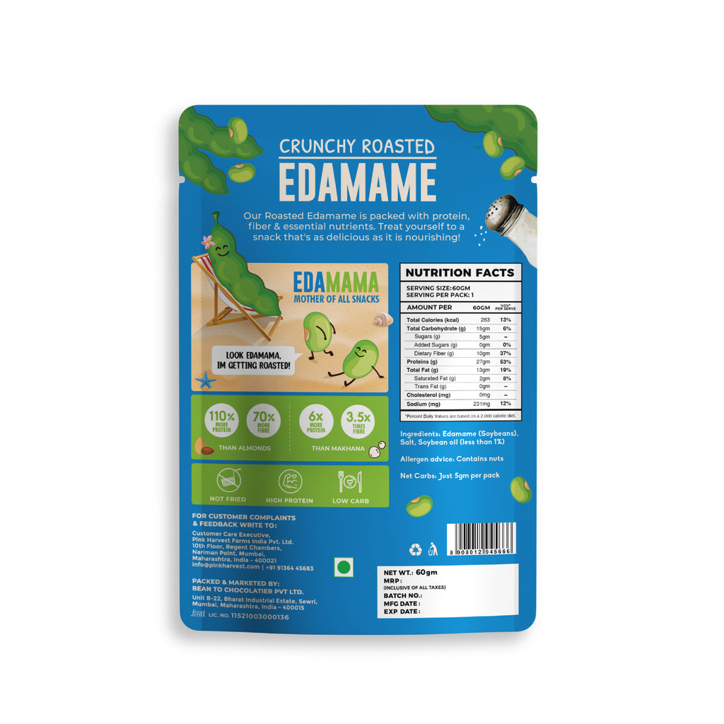 Packaging of crunchy roasted edamame with nutritional information on a white background