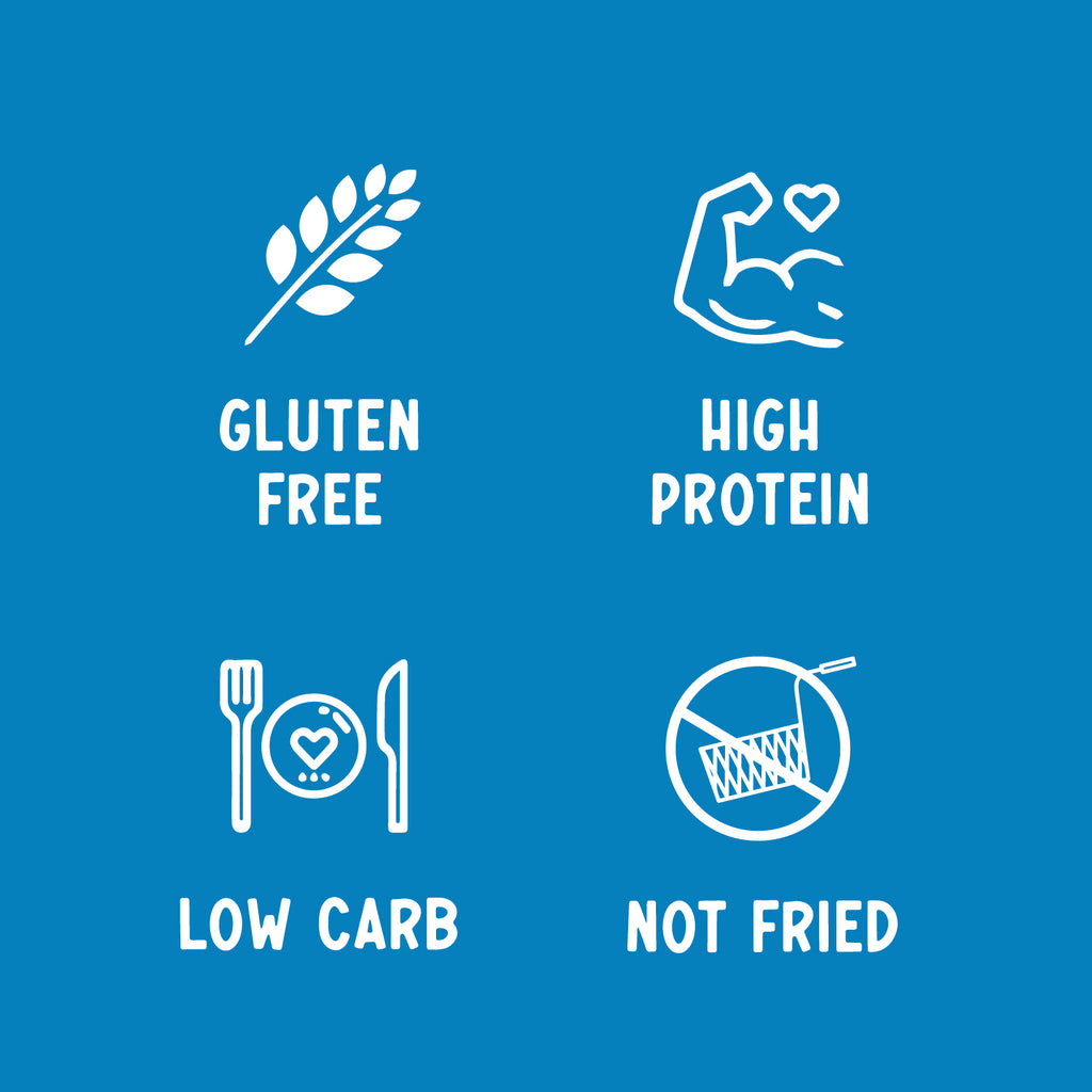 Set of dietary icons with labels for gluten-free, high protein, low carb, and not fried on a blue background.