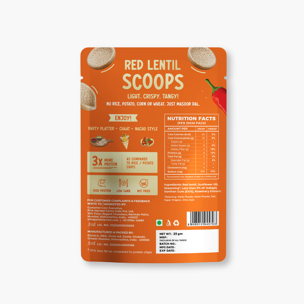 Packaging of Red Lentil Scoops with nutritional information on an orange background