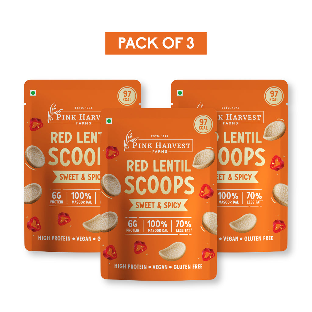 Pack of three Pink Harvest Farms Red Lentil Scoops packages on a white background