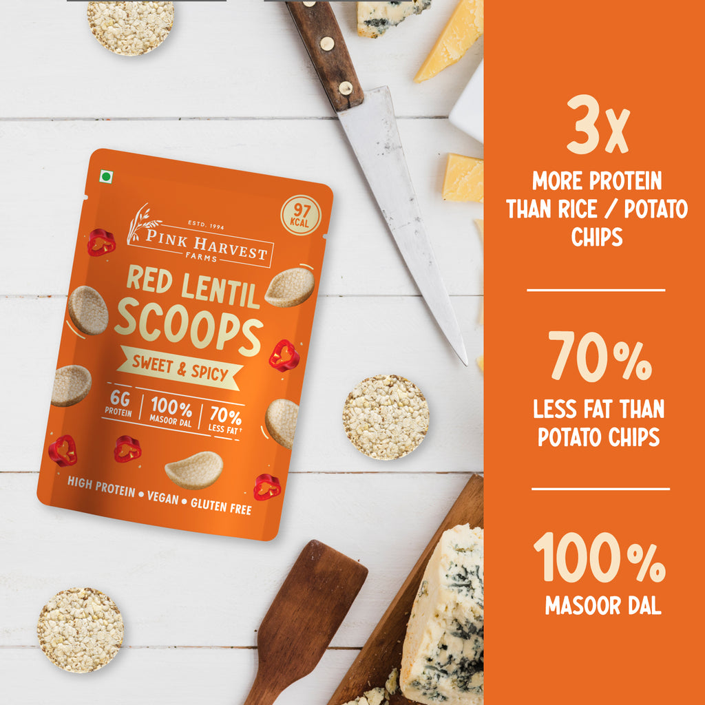 Pink Harvest Farms Red Lentil Scoops package on a white surface with text highlighting nutritional benefits.