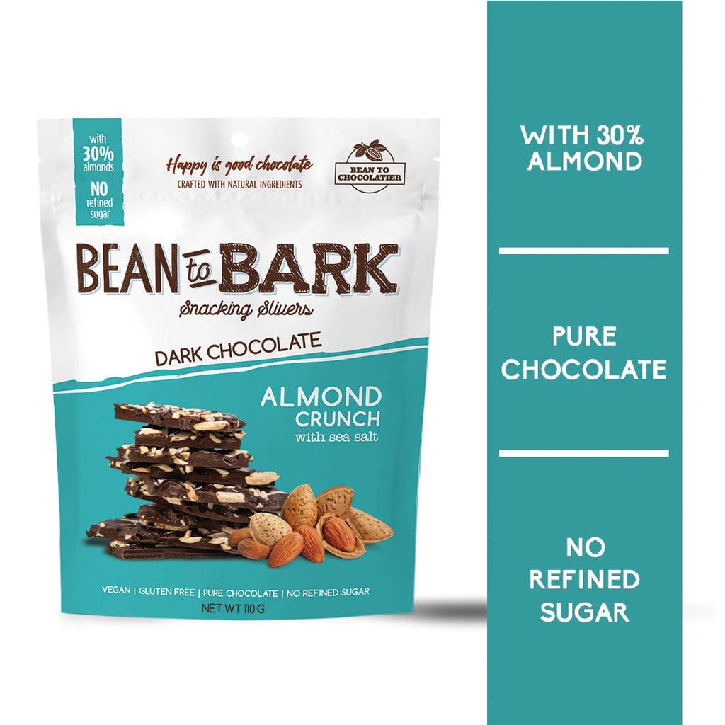 Almond Crunch Dark Chocolate Bark Thins with Sea Salt, Natural unrefined brown sugar, no artificial flavours, vegan, gluten free, healthy snacking, nuts