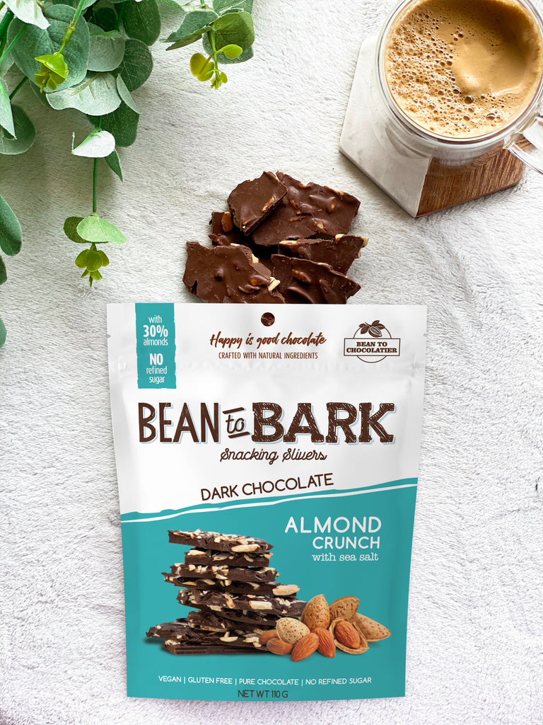 Almond Crunch Dark Chocolate Bark Thins with Sea Salt, Natural unrefined brown sugar, no artificial flavours, vegan, gluten free, healthy snacking, nuts