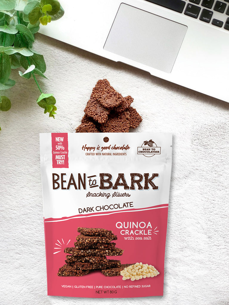 Quinoa Crackle Dark Chocolate Bark Thins with Sea Salt, Natural unrefined brown sugar, no artificial flavours, vegan, gluten free, healthy snacking